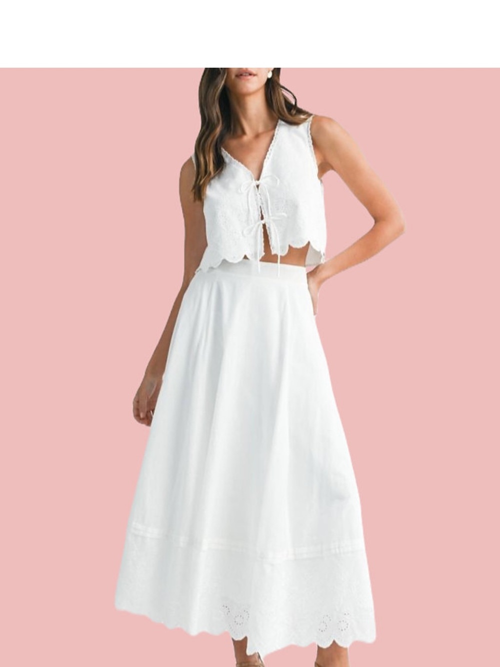 Women's White Eyelet Skirt Set with Scalloped Hem